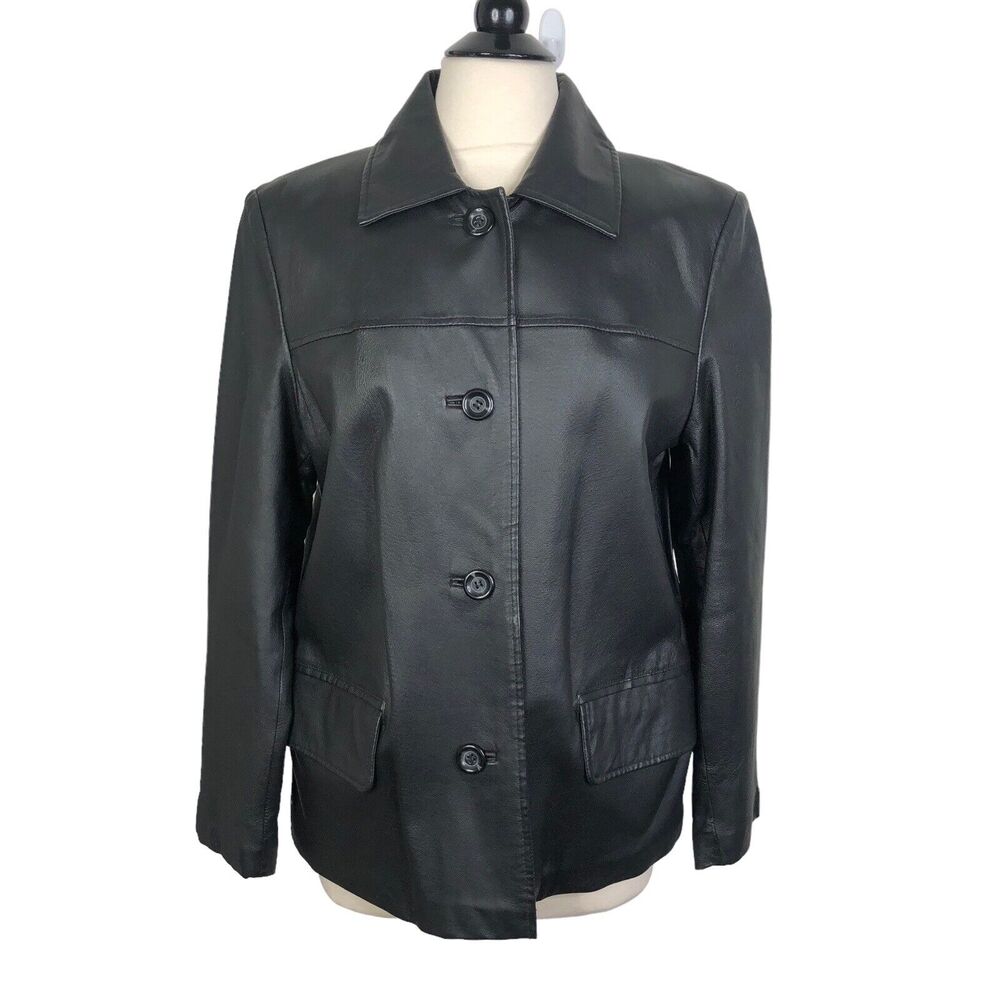 W New York by Winlet Button Front Black Leather Jacket Women's Size Medium